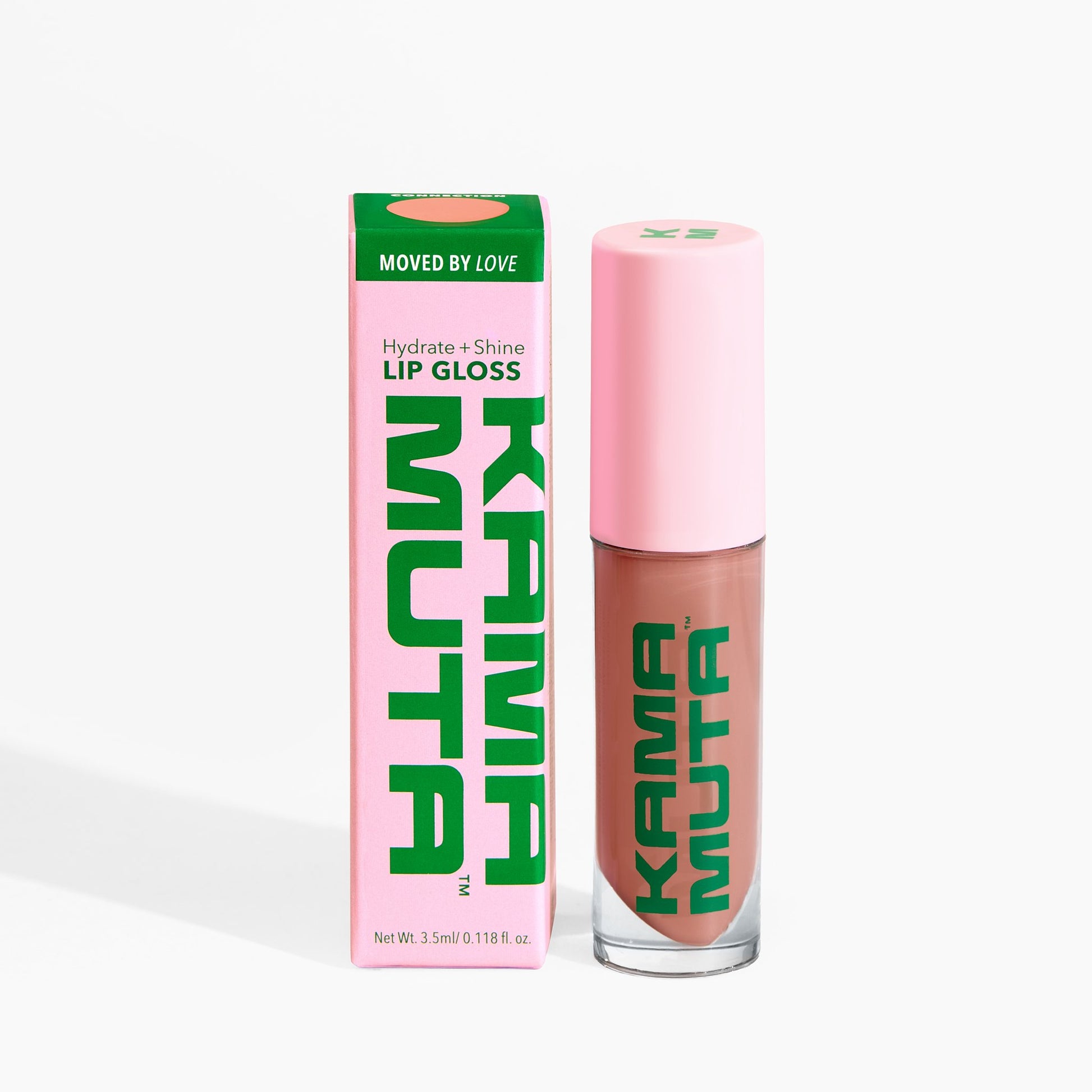 Kama Muta lip gloss with pink packaging and green text on a white background