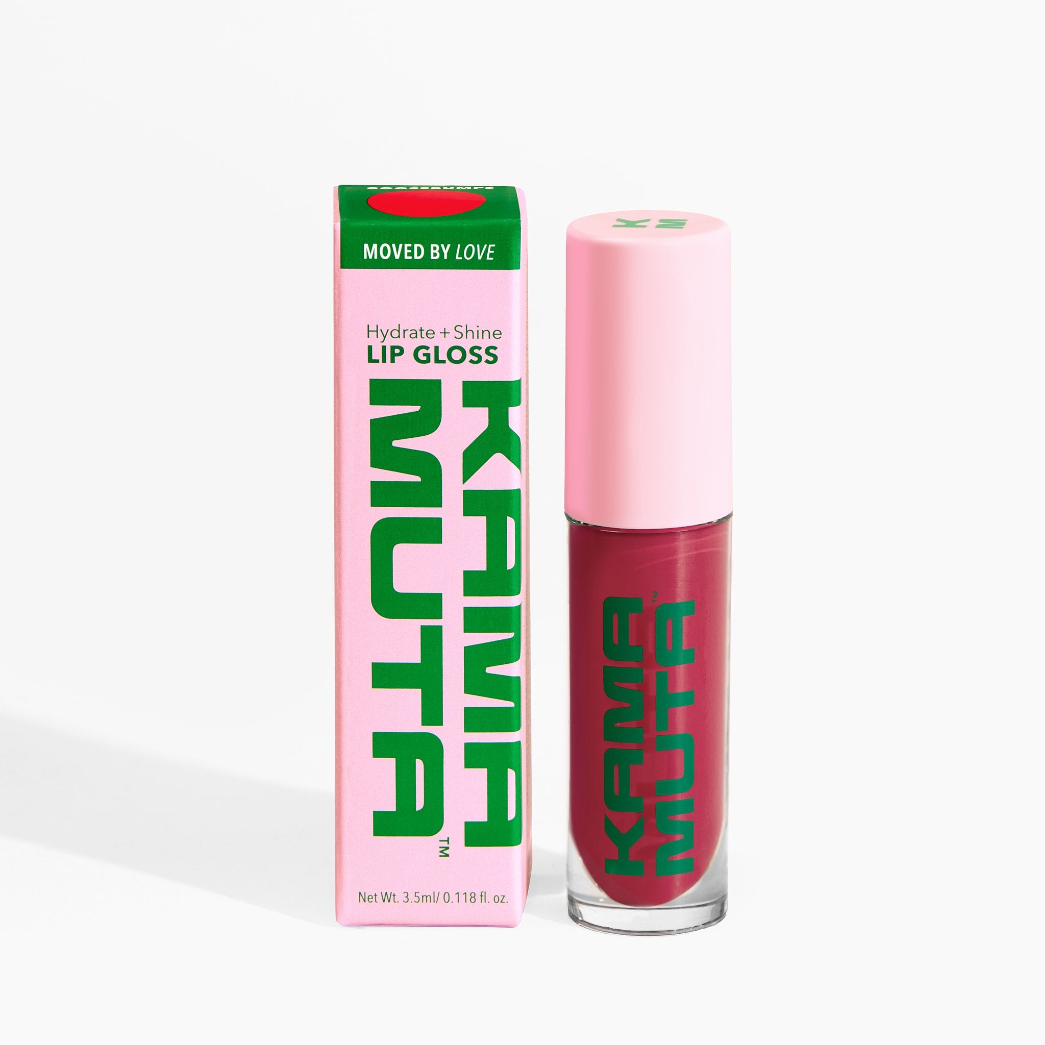 Kama Muta lip gloss with pink packaging and green text on a white background
