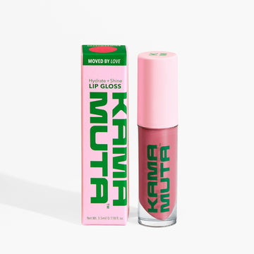 Kama Muta lip gloss with pink shade and green text on a white background