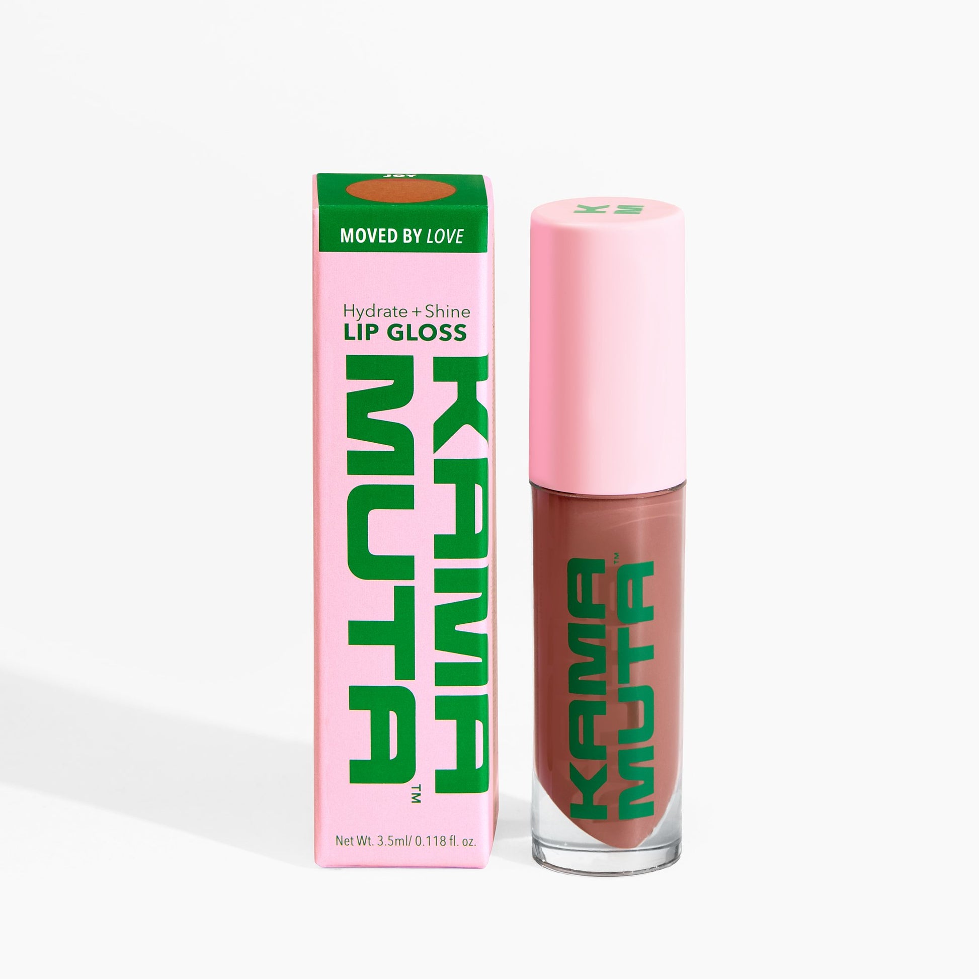 Kama Muta lip gloss with pink packaging and green text on a white background