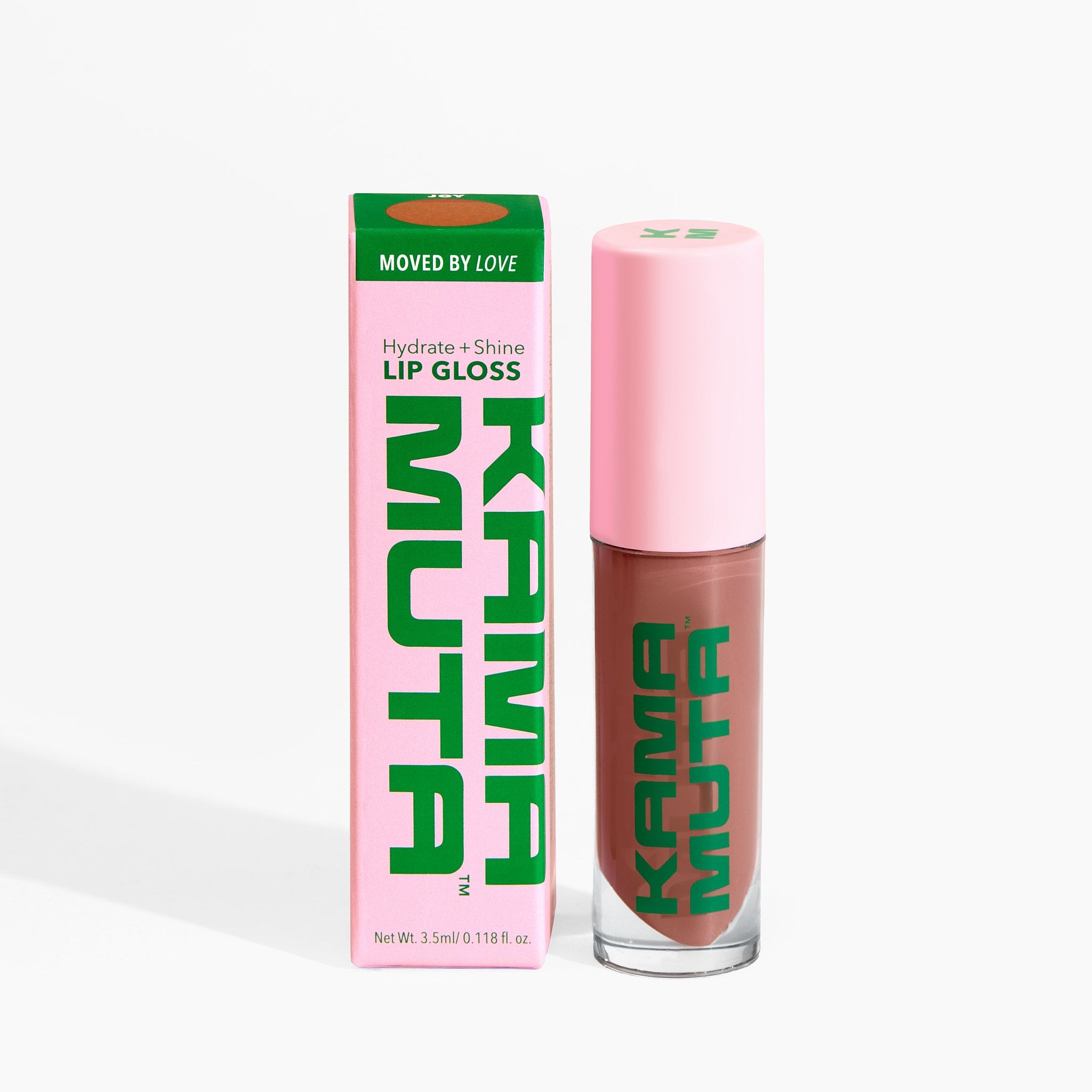Kama Muta lip gloss with pink packaging and green text on a white background
