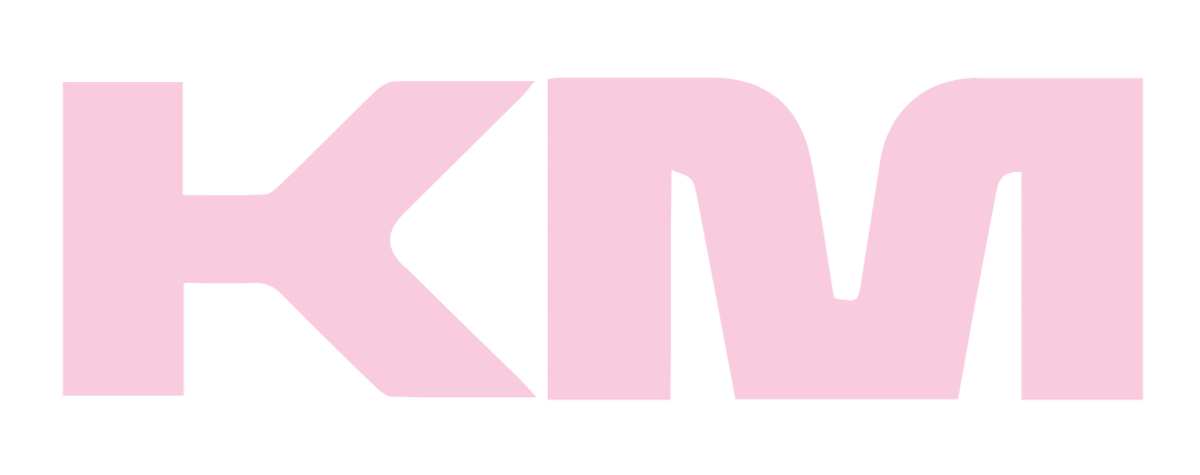 Pink 'KM' logo on a white background