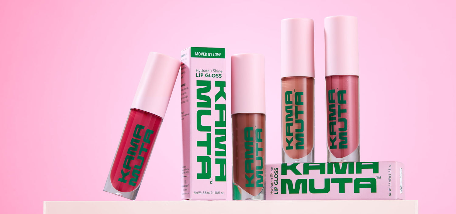 Kama Muta lip gloss set on a pink background